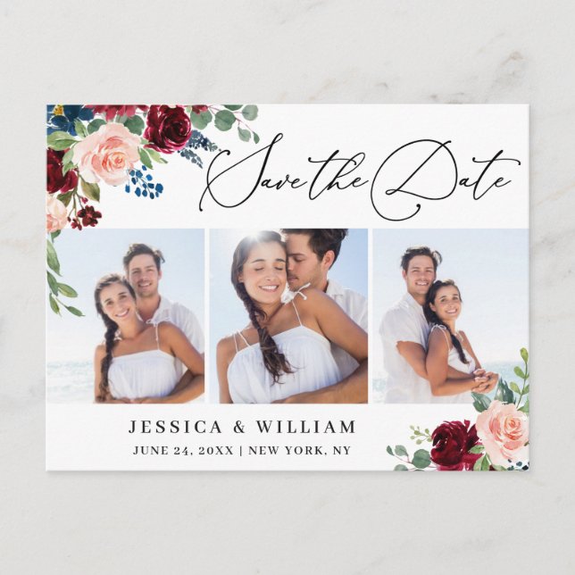 Burgundy Blush Navy 3 PHOTO Wedding Save the Date Postcard (Front)