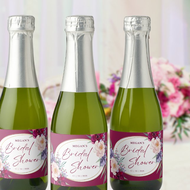 Burgundy Blush & Navy Blue Bloom Bridal Shower  Sparkling Wine Label (Creator Uploaded)