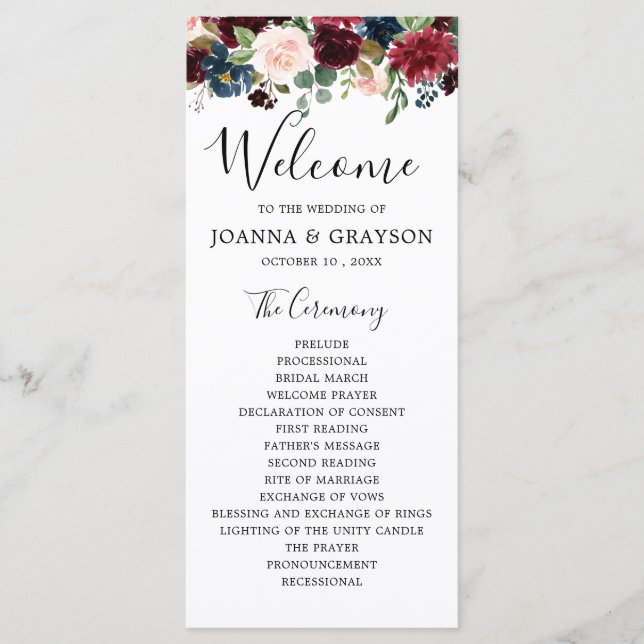 Burgundy Blush Navy Blue Botanical Floral Boho Programme (Front)