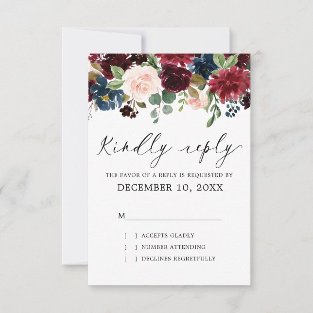 Burgundy Blush Navy Blue Botanical Floral Boho RSVP Card (Front)