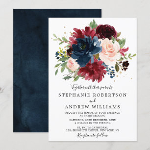 Burgundy Blush Navy Blue Botanical Floral Wedding Invitation