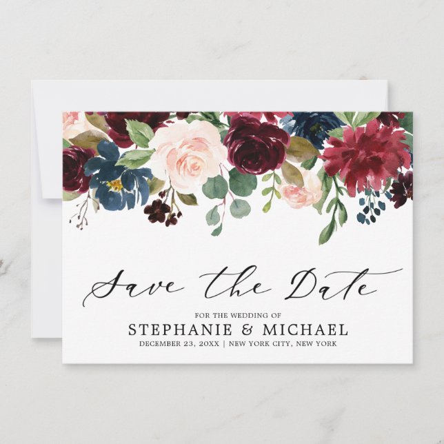 Burgundy Blush Navy Blue Botanical Floral Wedding Save The Date (Front)