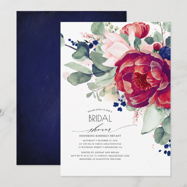Burgundy Blush Navy Blue Floral Bridal Shower Invitation (Front/Back)