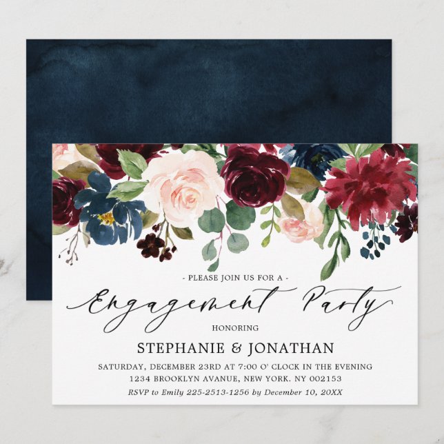 Burgundy Blush Navy Blue Floral Engagement Party Invitation (Front/Back)
