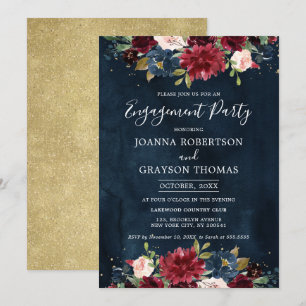 Burgundy Blush Navy Blue Floral Engagement Party Invitation