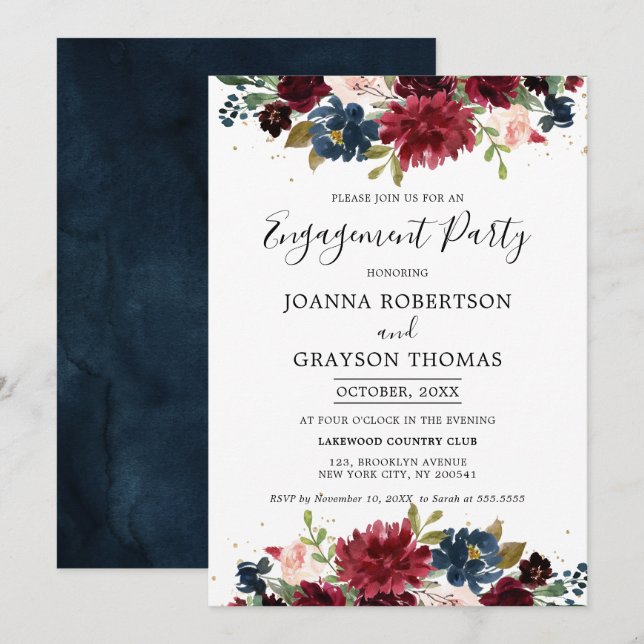 Burgundy Blush Navy Blue Floral Engagement Party Invitation (Front/Back)