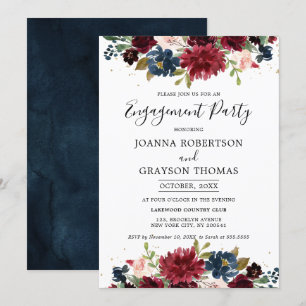 Burgundy Blush Navy Blue Floral Engagement Party Invitation