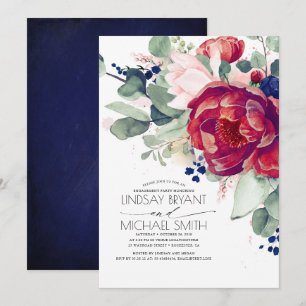Burgundy Blush Navy Blue Floral Engagement Party Invitation