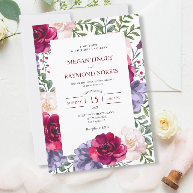 Burgundy Blush & Navy Blue Floral Frame Wedding Invitation (Creator Uploaded)