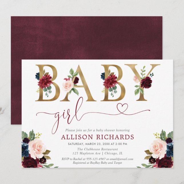 Burgundy blush navy blue floral Girl baby shower Invitation (Front/Back)