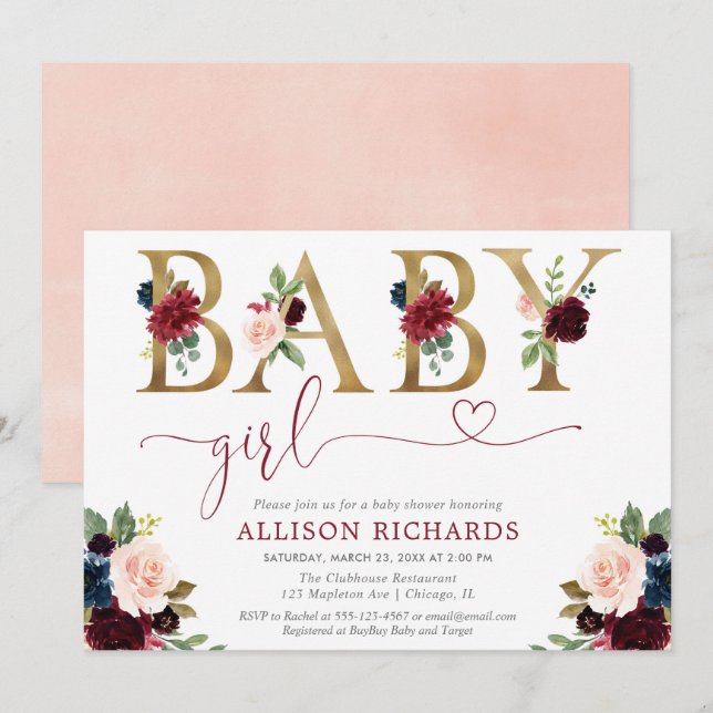 Burgundy blush navy blue floral Girl baby shower Invitation (Front/Back)