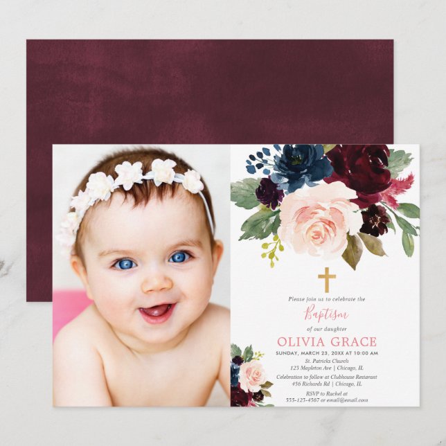 Burgundy blush navy blue floral girl baptism photo invitation (Front/Back)