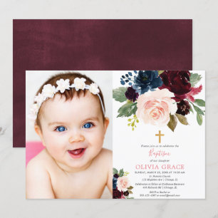 Burgundy blush navy blue floral girl baptism photo invitation