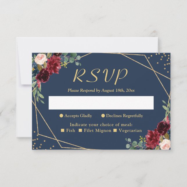 Burgundy Blush Navy Blue Floral Gold Glitters RSVP Card (Front)
