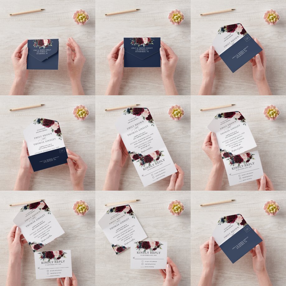 Burgundy Blush Navy Blue Floral Greenery Wedding All In One Invitation