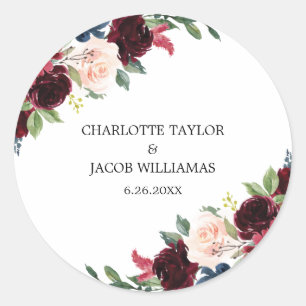 Burgundy Blush Navy Blue Floral Rustic Wedding Classic Round Sticker