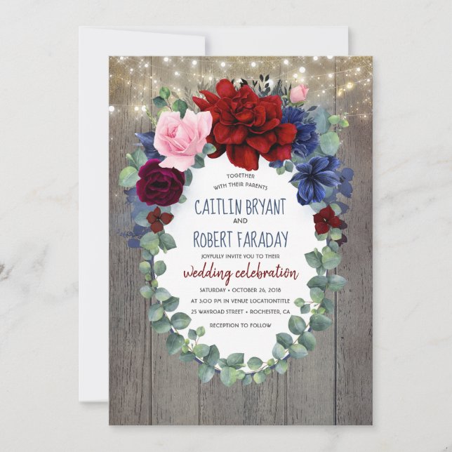 Burgundy Blush Navy Blue Floral Rustic Wedding Invitation (Front)