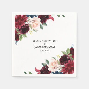 Burgundy Blush Navy Blue Floral Rustic Wedding Napkin