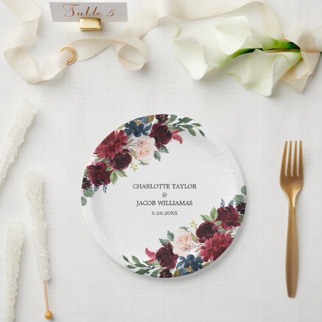 Burgundy Blush Navy Blue Floral Rustic Wedding Paper Plate (Wedding)
