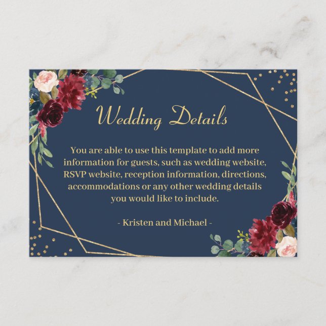 Burgundy Blush Navy Blue Floral Wedding Details Enclosure Card (Front)