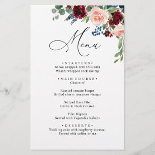 Burgundy Blush Navy Blue Roses Wedding Dinner Menu