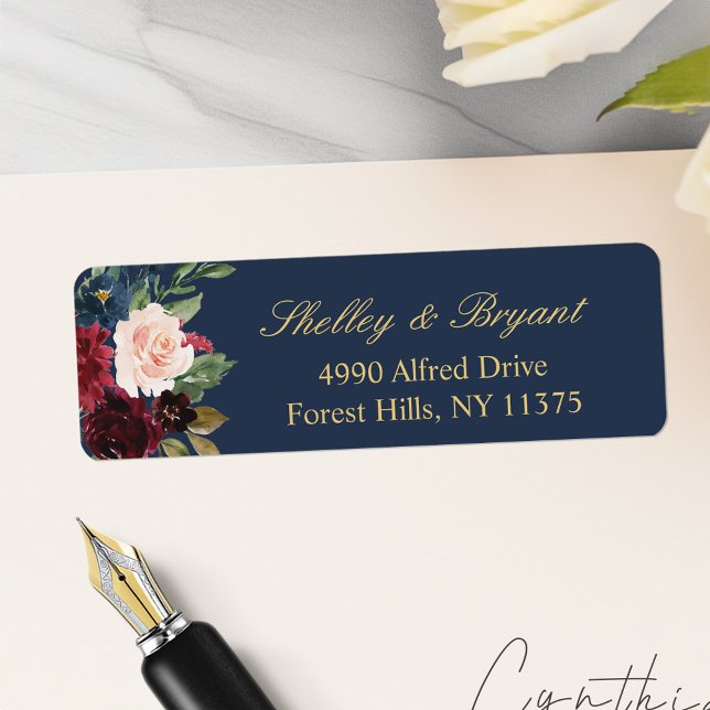 Burgundy Blush Navy Blue Watercolor Floral Address (Creator Uploaded)