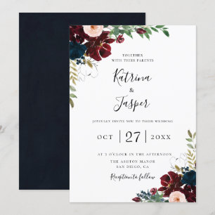 Burgundy Blush Navy Botanical Floral Wedding Invitation