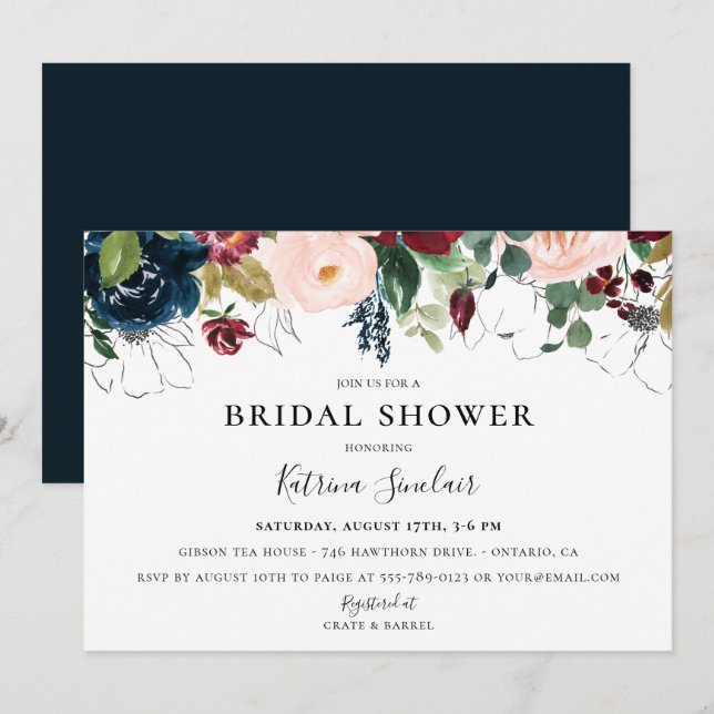 Burgundy Blush Navy Fall Floral Bridal Shower Invitation (Front/Back)