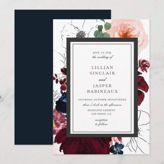 Burgundy Blush Navy Fall Floral Wedding Invitation (Front/Back)
