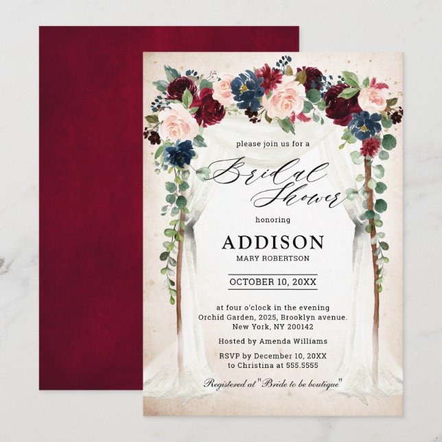 Burgundy Blush Navy Floral Arch Bridal Shower Invitation (Front/Back)