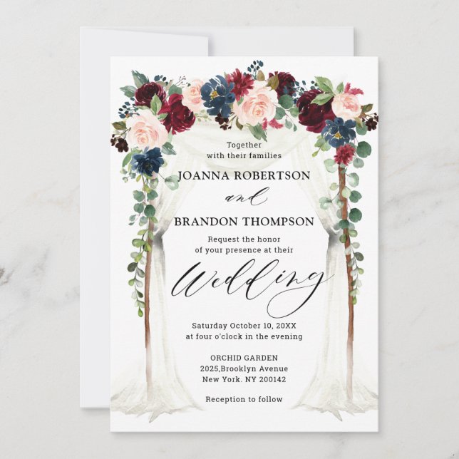 Burgundy Blush Navy Floral Arch Canopy Wedding Invitation (Front)