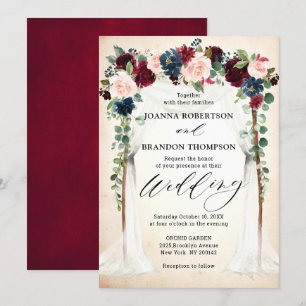 Burgundy Blush Navy Floral Arch Canopy Wedding Invitation