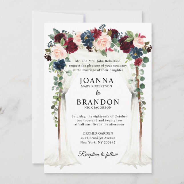 Burgundy Blush Navy Floral Arch Canopy Wedding Invitation (Front)