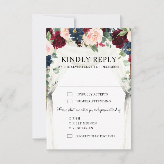 Burgundy Blush Navy Floral Arch Canopy Wedding RSVP Card (Front)