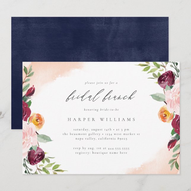 Burgundy Blush Navy Floral Botanical Bridal Brunch Invitation (Front/Back)