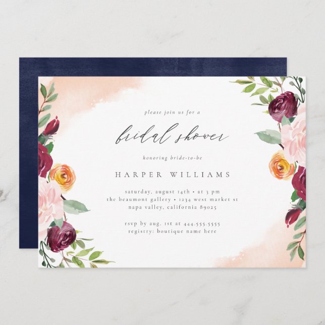Burgundy Blush Navy Floral Botanical Bridal Shower Invitation (Front/Back)