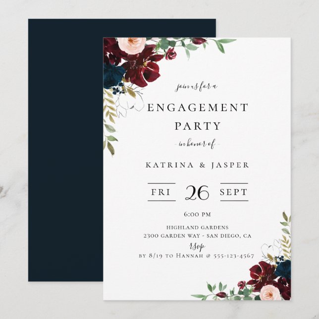Burgundy Blush Navy Floral Engagement Party Invitation (Front/Back)