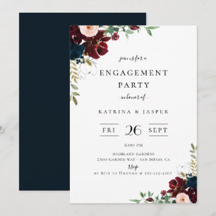 Burgundy Blush Navy Floral Engagement Party Invitation