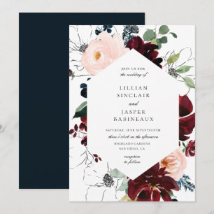 Burgundy Blush Navy Floral Frame Wedding Invitation