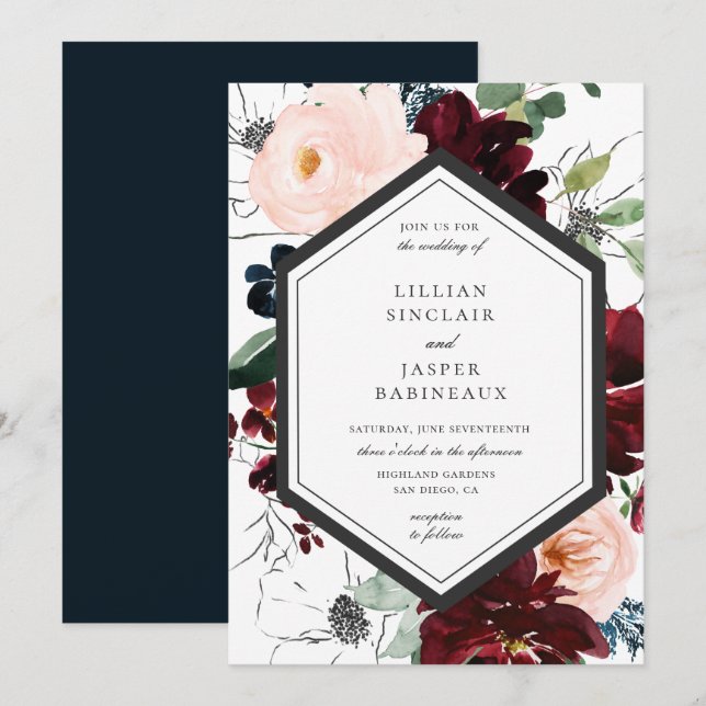Burgundy Blush Navy Floral Frame Wedding Invitation (Front/Back)