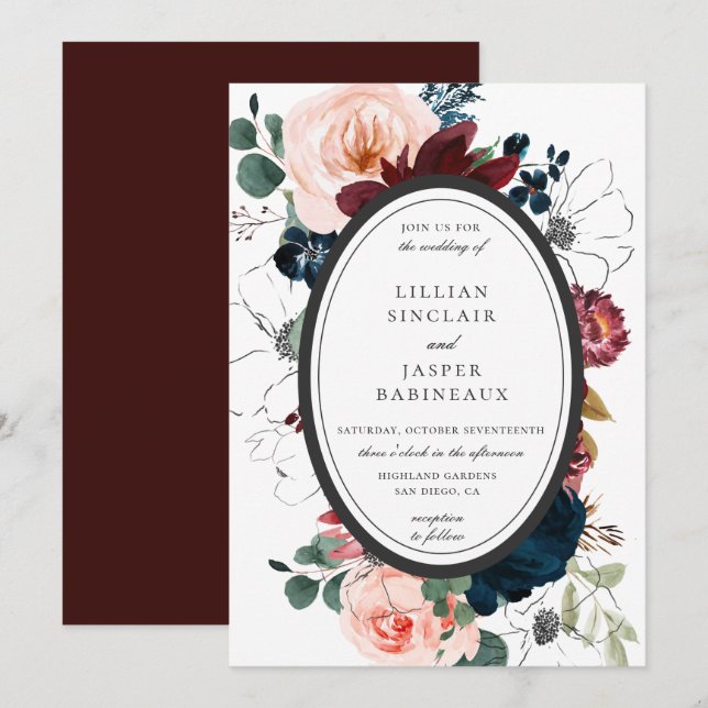 Burgundy Blush Navy Floral Oval Frame Wedding Invitation (Front/Back)