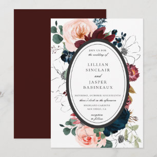 Burgundy Blush Navy Floral Oval Frame Wedding Invitation