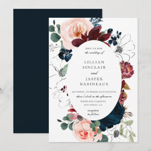 Burgundy Blush Navy Floral Oval Frame Wedding Invitation