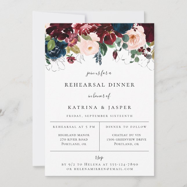 Burgundy Blush Navy Floral Rehearsal Dinner Announcement (Front)
