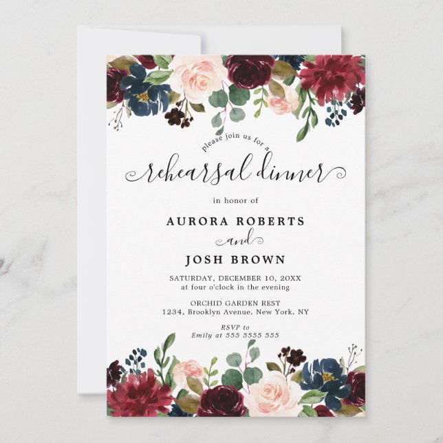 Burgundy Blush Navy Floral Rehearsal Dinner Invitation (Front)