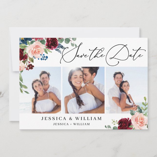 Burgundy Blush Navy Floral Roses 3 PHOTO Wedding Save The Date (Front)