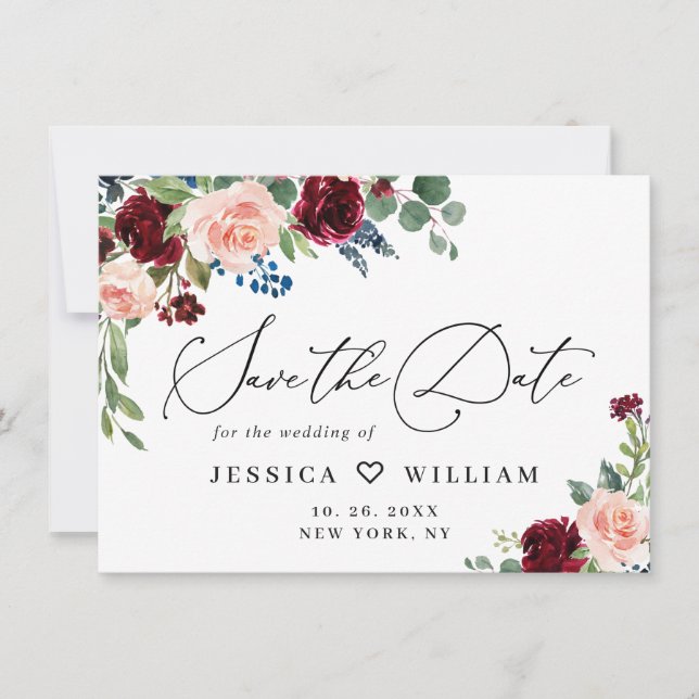 Burgundy Blush Navy Floral Roses Floral Wedding Save The Date (Front)