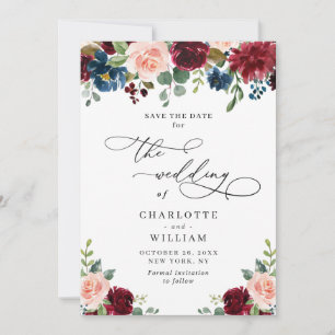 Burgundy Blush Navy Floral Roses Rustic Wedding Save The Date