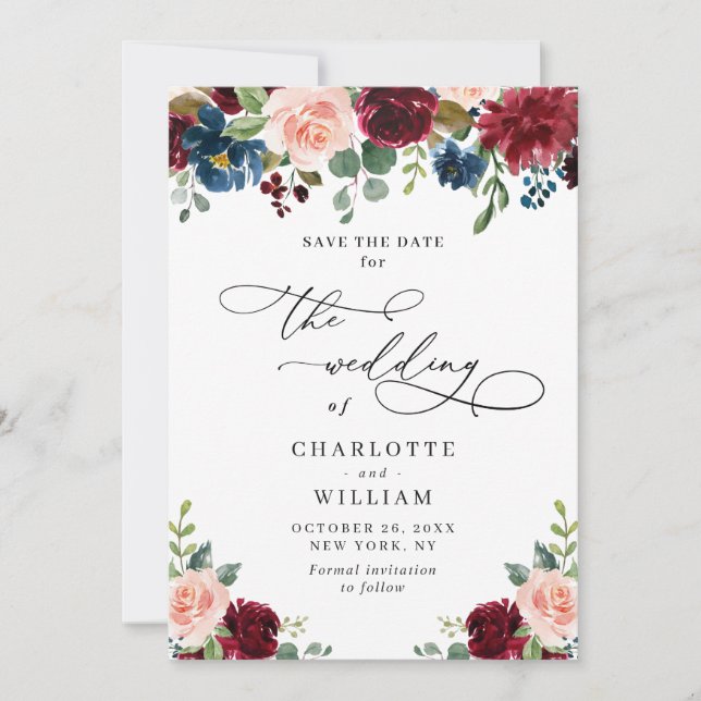 Burgundy Blush Navy Floral Roses Rustic Wedding Save The Date (Front)