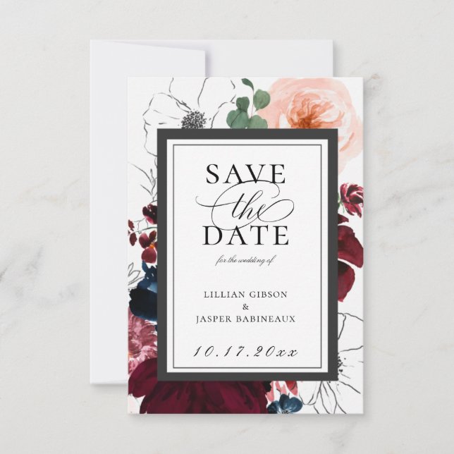 Burgundy Blush Navy Floral Save the Date Announcement (Front)